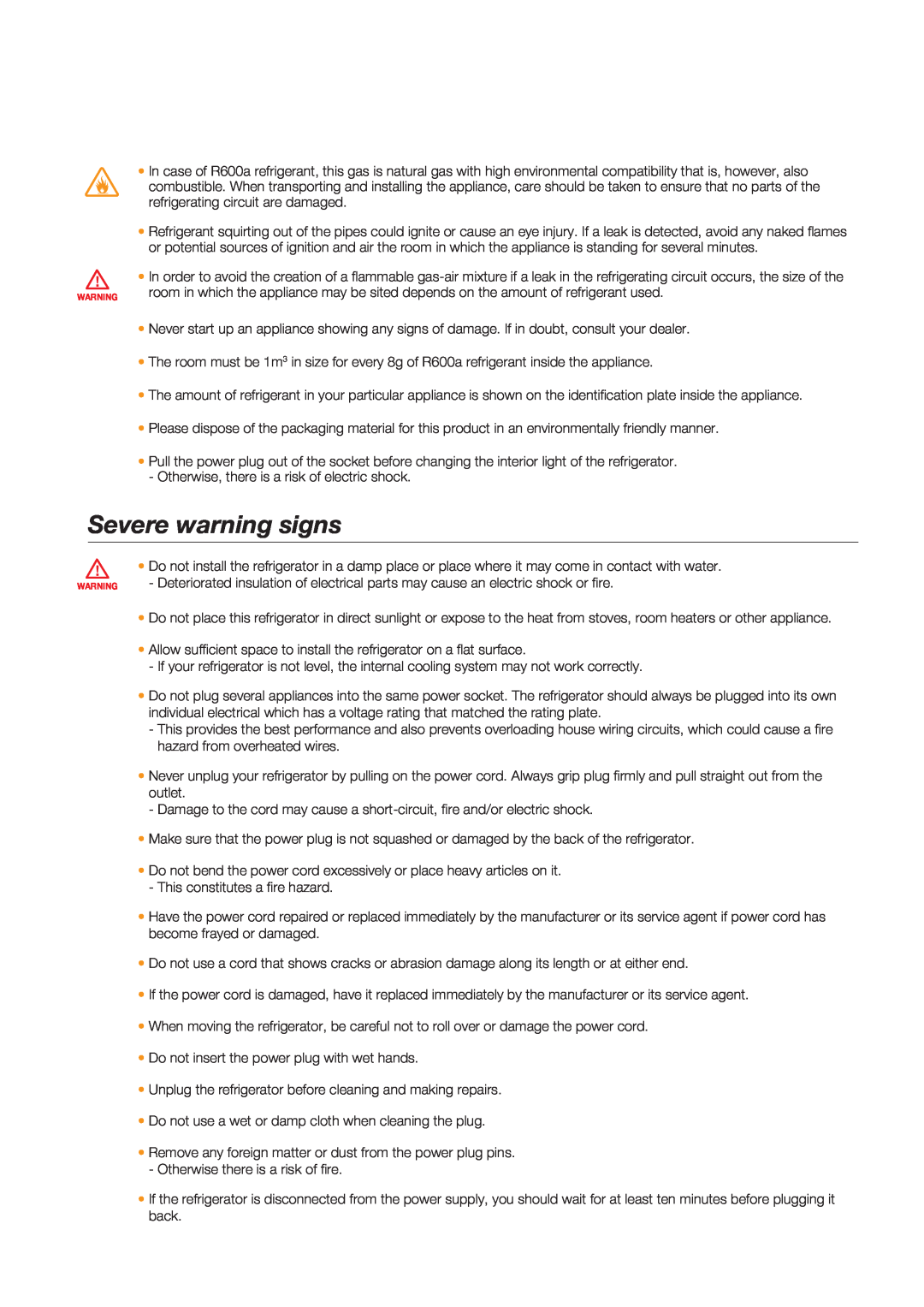 Samsung RSG5F**, RSG5D**, RSG5K** quick start Severe warning signs 