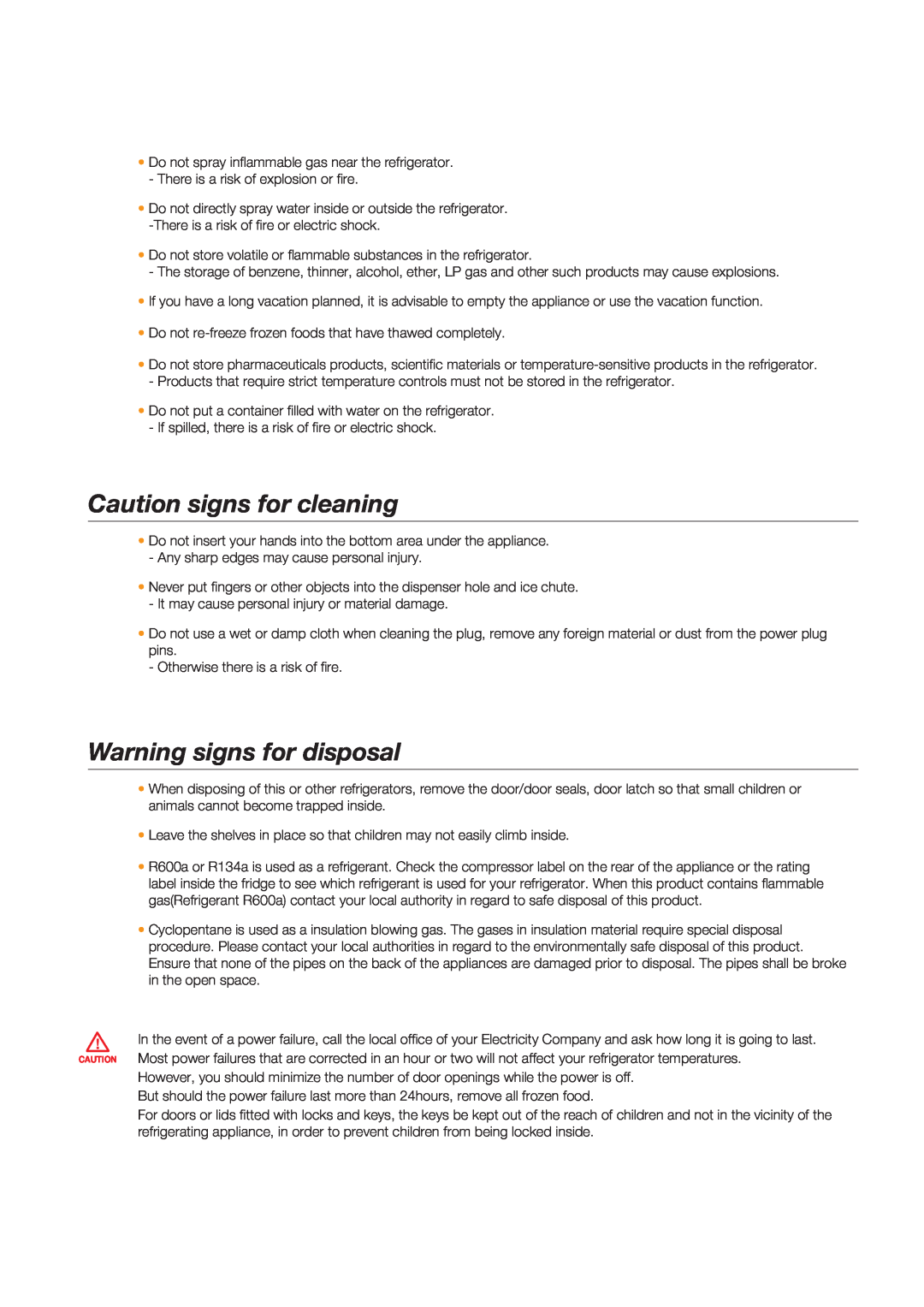 Samsung RSG5D**, RSG5F**, RSG5K** quick start Caution signs for cleaning, Warning signs for disposal 