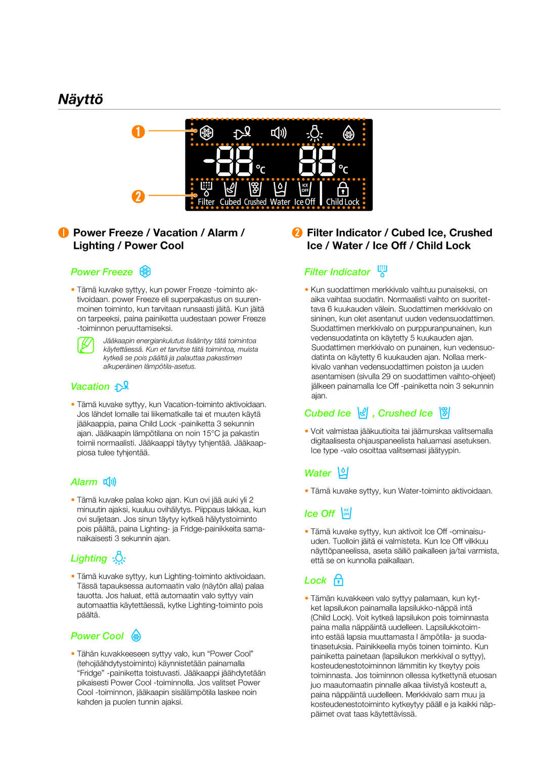 Samsung RSG5PUBP1/XEE, RSG5DUSW1/XEE, RSG5FURS1/XEE manual Näyttö, ❶ Power Freeze / Vacation / Alarm / Lighting / Power Cool 