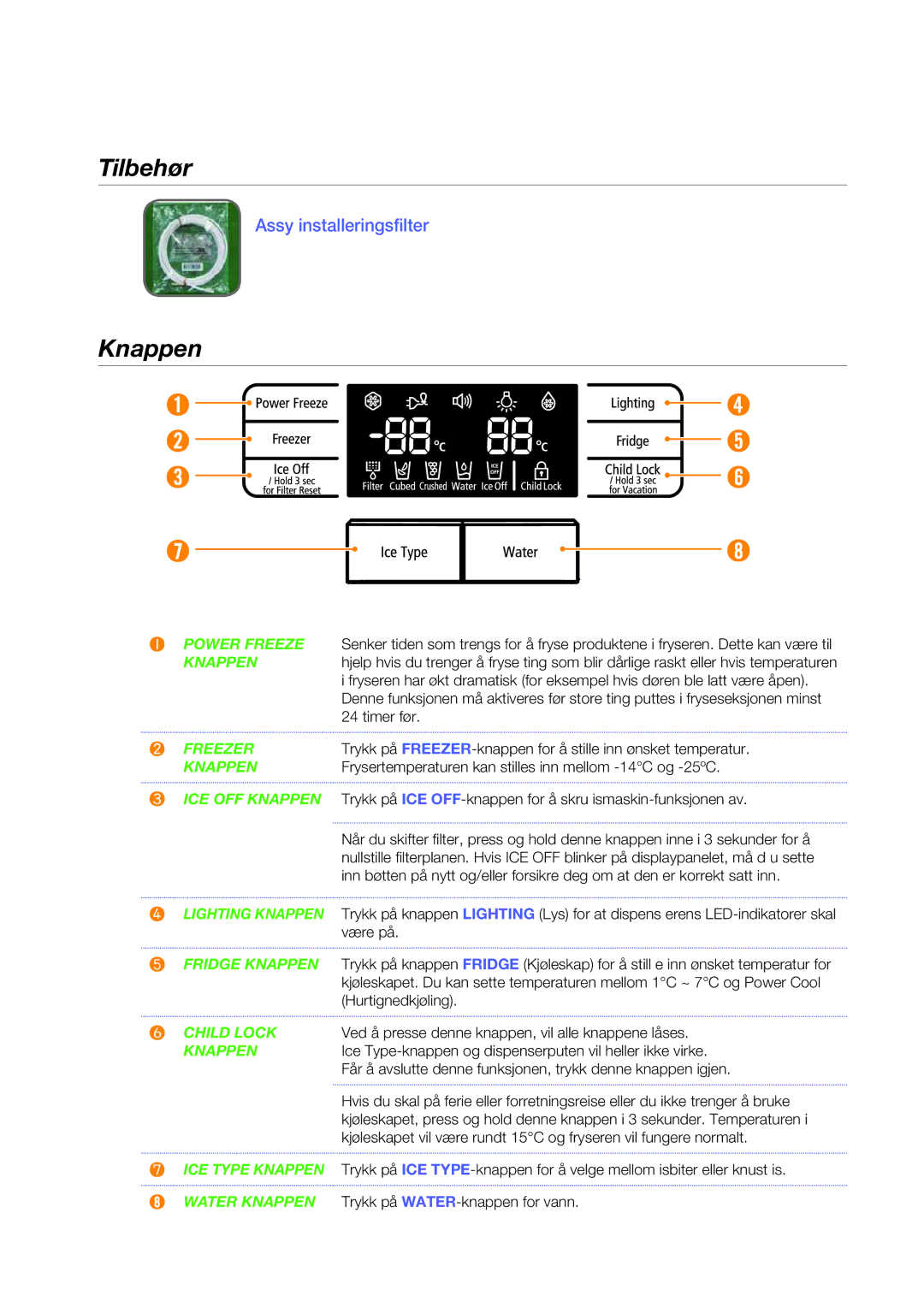 Samsung RSG5FUBP1/XEE, RSG5DUSW1/XEE, RSG5FURS1/XEE, RSG5PURS1/XEE, RSG5PUBP1/XEE, RSG5DURS1/XEE manual Tilbehør, Knappen 