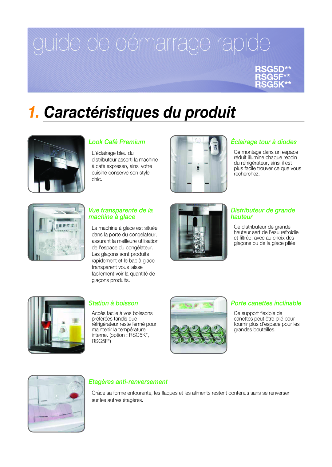 Samsung RSG5DURS1/XEF, RSG5FUBP1/XEF, RSG5PUMH1/XEF manual Guide de démarrage rapide, Caractéristiques du produit 