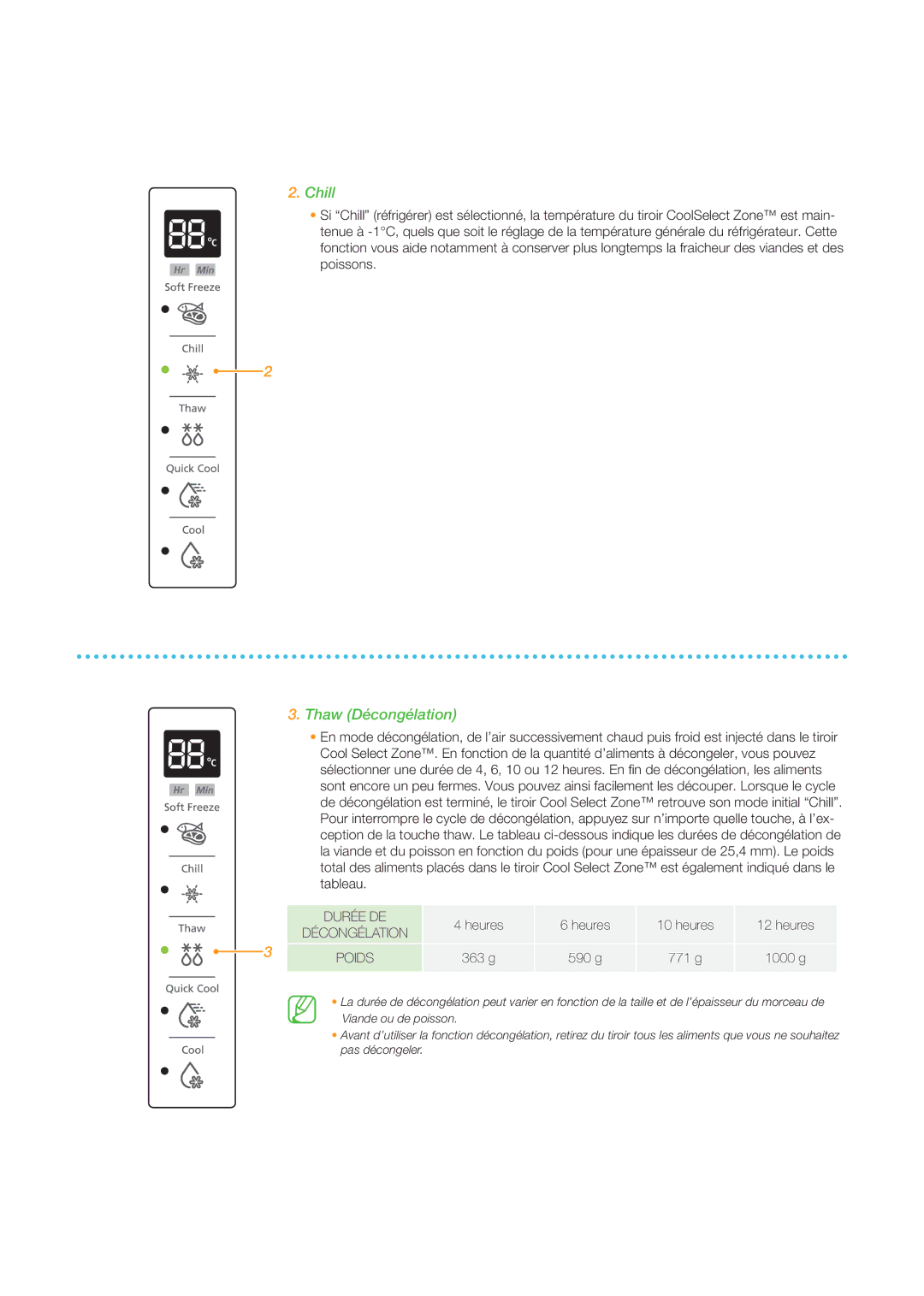 Samsung RSG5PURS1/XEF, RSG5FUBP1/XEF, RSG5DURS1/XEF, RSG5PUMH1/XEF, RSG5FURS1/XEF, RSG5PUPN1/XEF Chill, Thaw Décongélation 