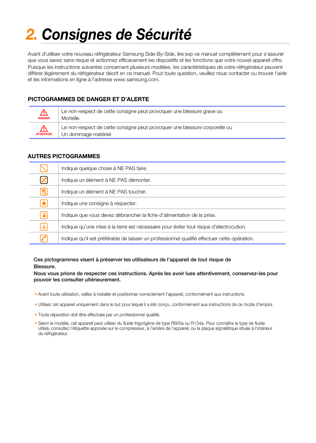 Samsung RSG5FURS1/XEF, RSG5FUBP1/XEF, RSG5DURS1/XEF, RSG5PUMH1/XEF Consignes de Sécurité, Pictogrammes DE Danger ET D’ALERTE 