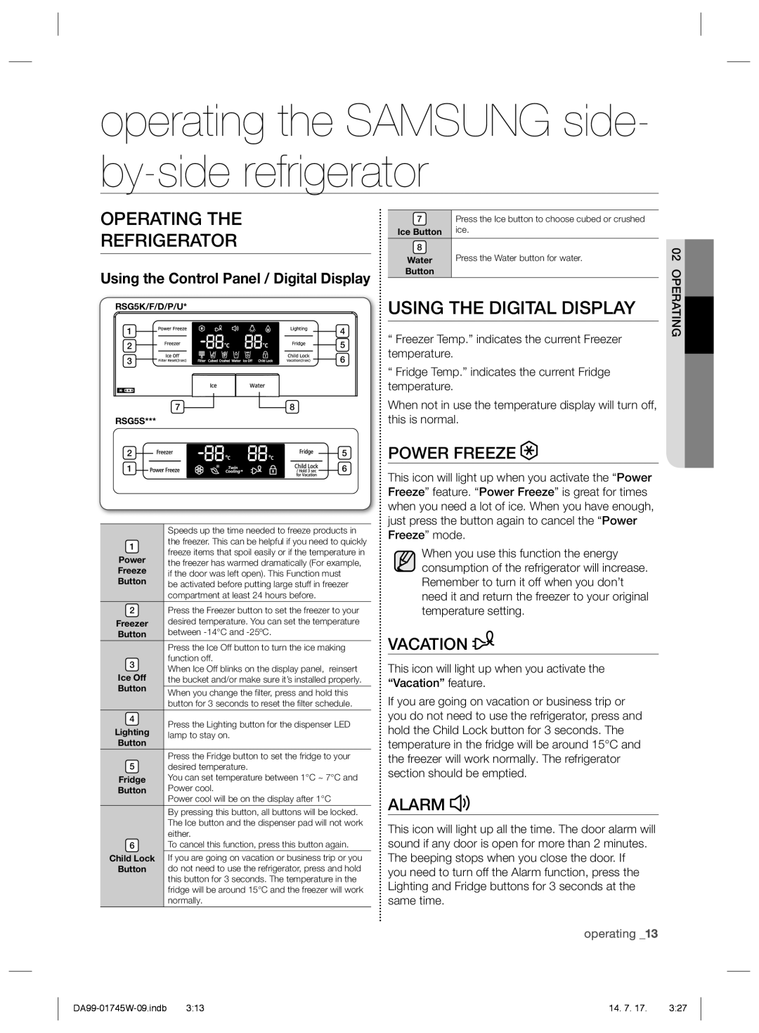 Samsung RSG5FUPN1/SML manual Operating Refrigerator, Using the Digital Display, Using the Control Panel / Digital Display 