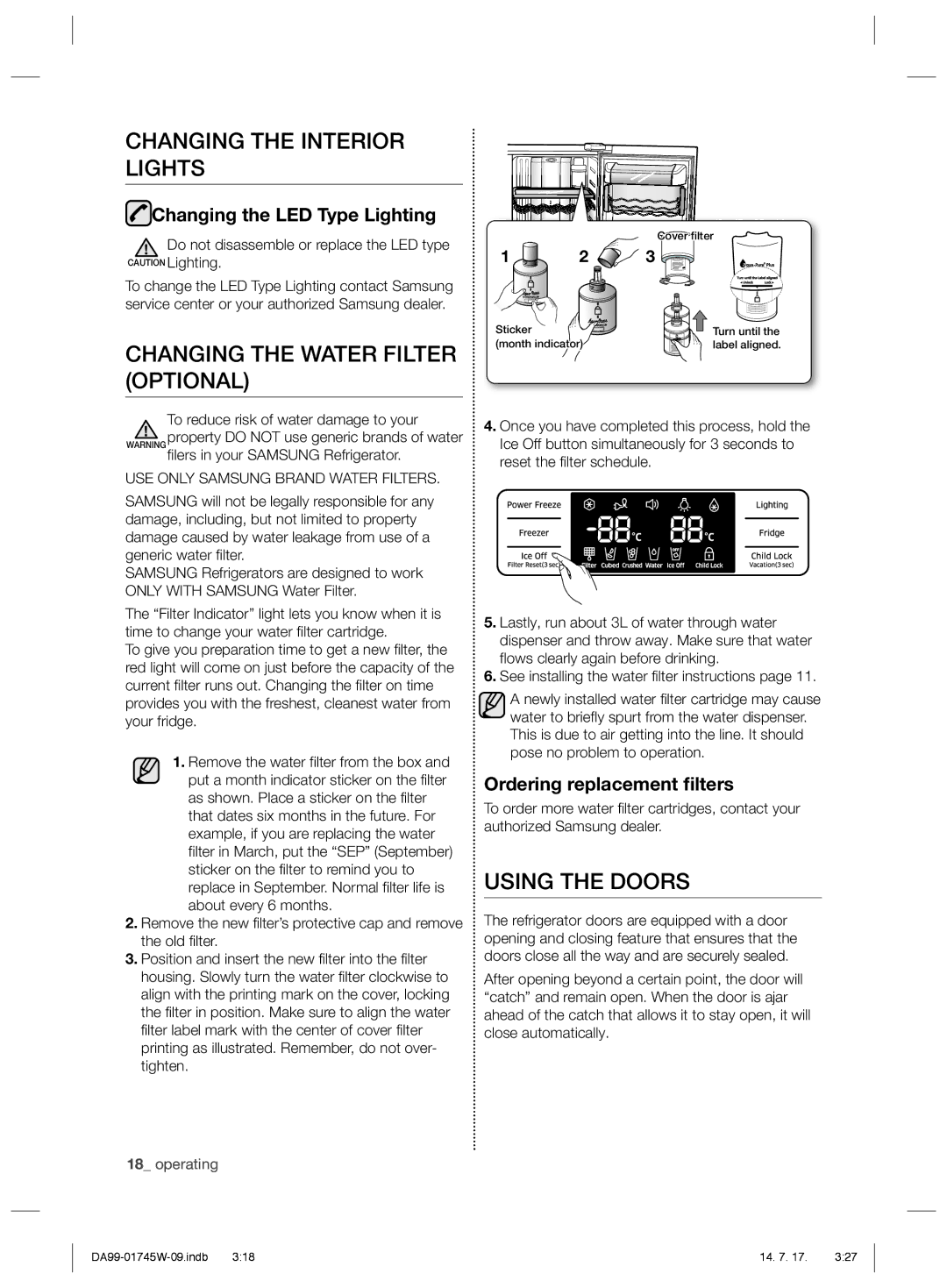 Samsung RSG5FUPN1/SML manual Changing the Interior Lights, Changing the Water Filter Optional, Using the Doors 