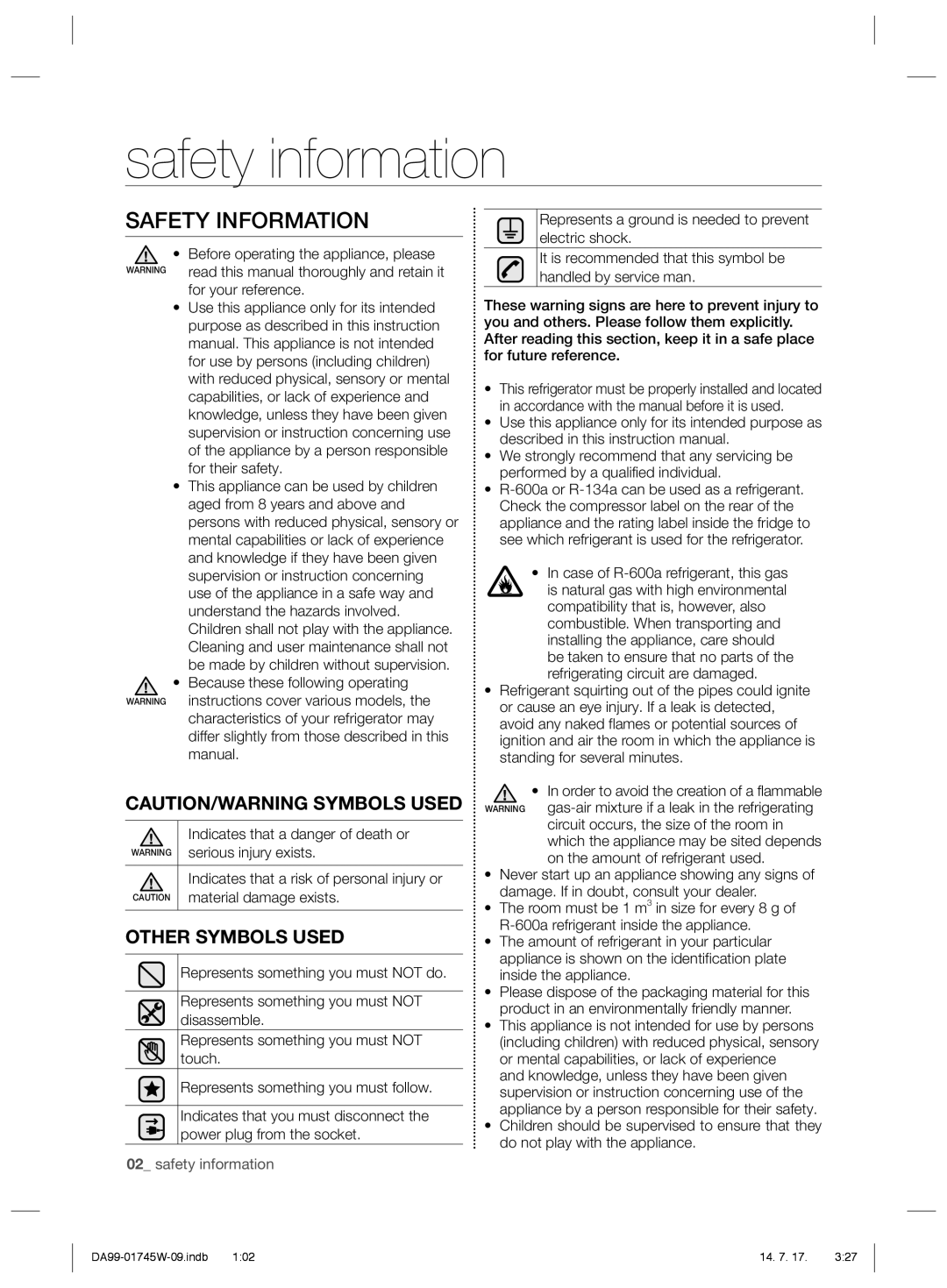 Samsung RSG5FUPN1/SML manual Safety Information 