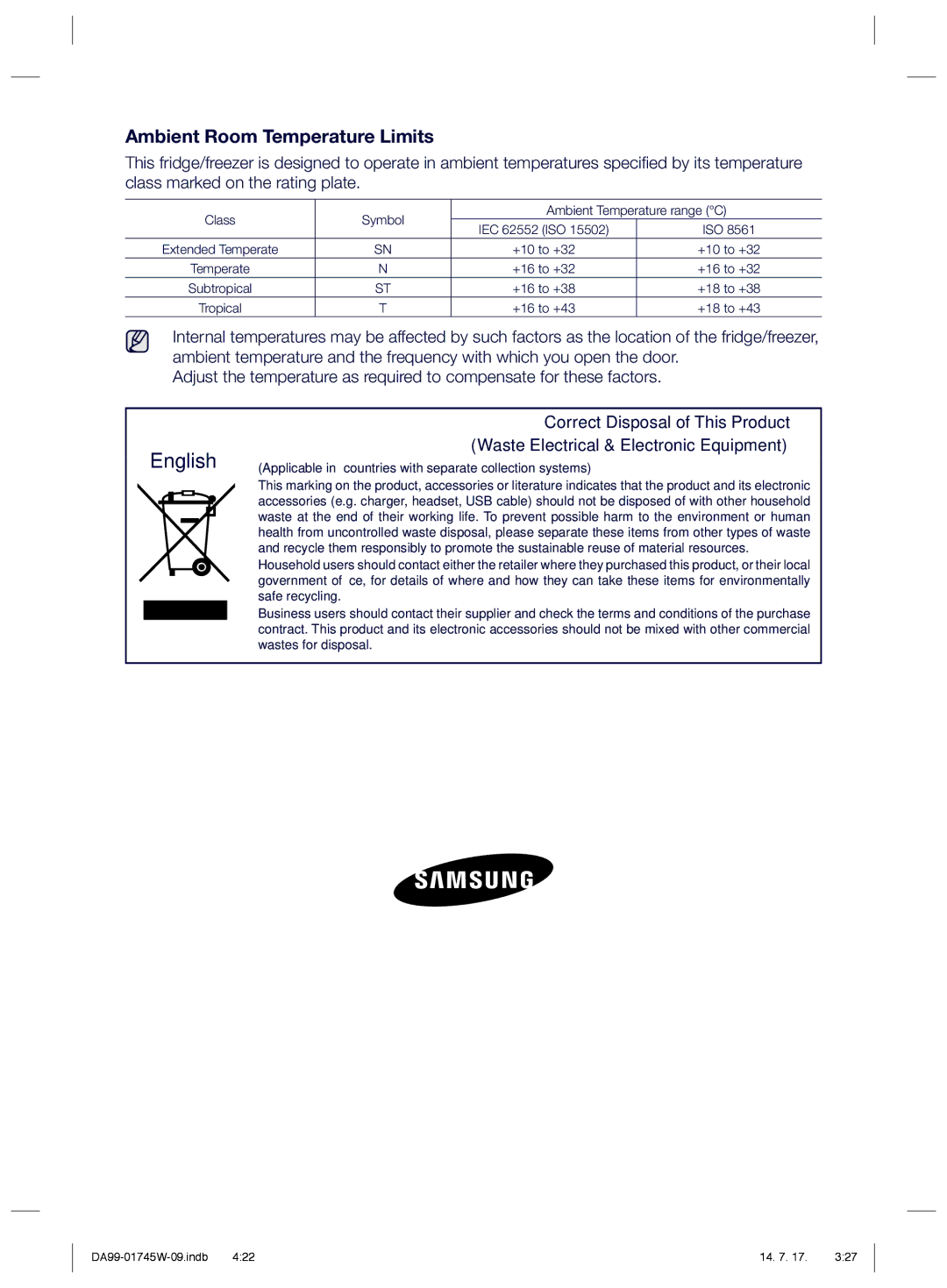 Samsung RSG5FUPN1/SML manual English, Ambient Room Temperature Limits 