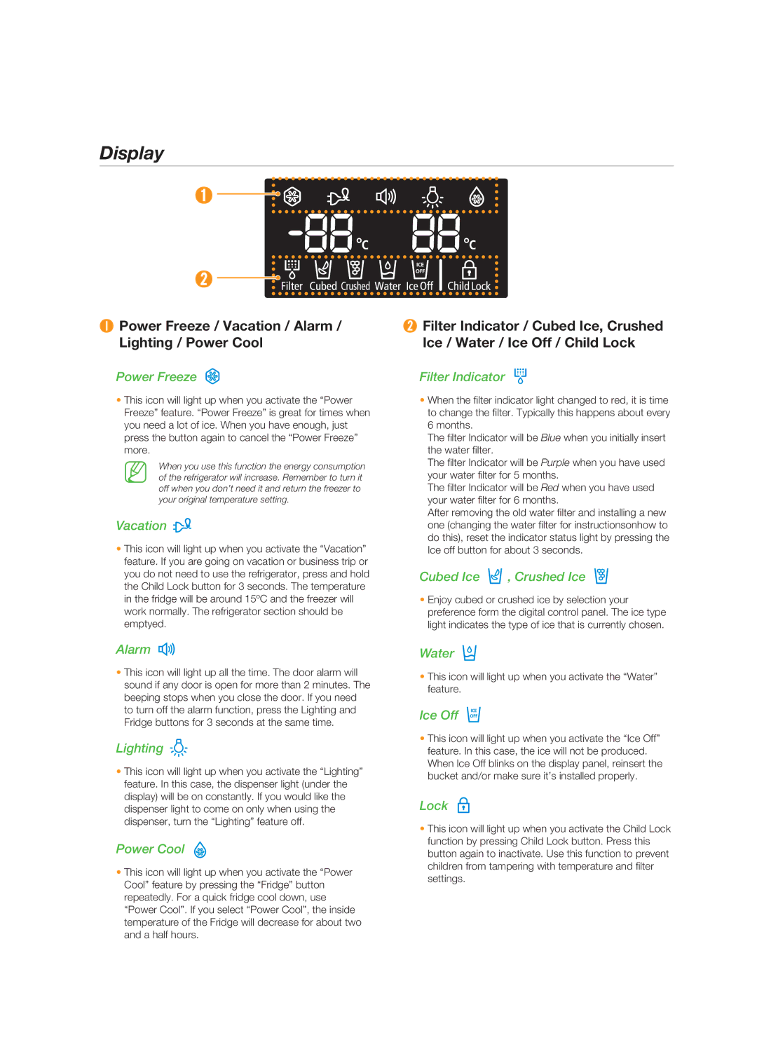 Samsung RSG5FUPS1/ZAM, RSG5FUPS1/MTR, RSG5FUTS1/JUM manual Display, ❶ Power Freeze / Vacation / Alarm / Lighting / Power Cool 