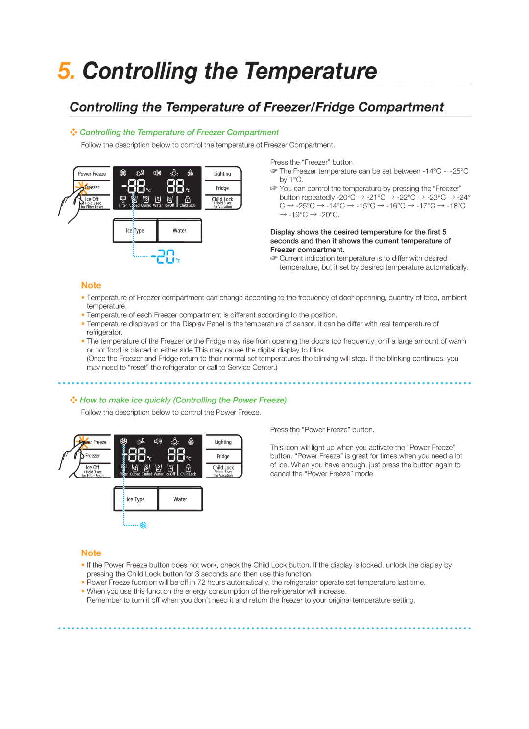 Samsung RSG5FUPS1/ATC, RSG5FUPS1/MTR, RSG5FUTS1/JUM manual Controlling the Temperature of Freezer/Fridge Compartment 