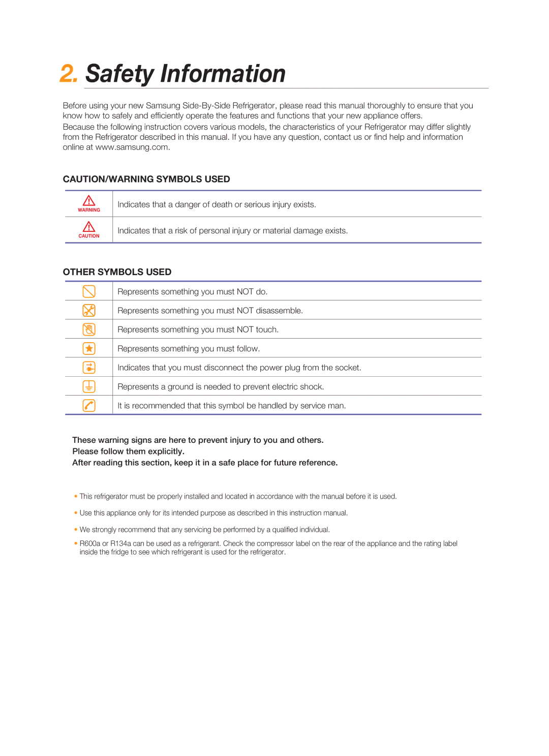 Samsung RSG5FUPN1/XSG, RSG5FUPS1/MTR, RSG5FUTS1/JUM, RSG5FUPS1/ZAM, RSG5FUPS1/ATC manual Safety Information, Other Symbols Used 