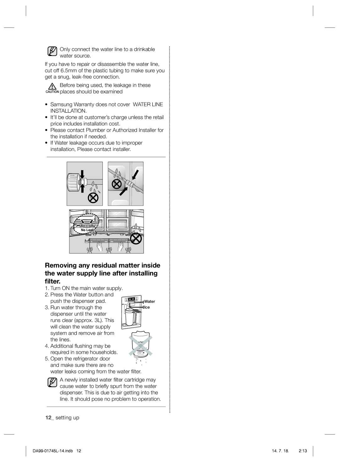 Samsung RSG5FUPS1/JUM, RSG5FUPS1/MTR, RSG5FUTS1/JUM manual Open the refrigerator door and make sure there are no, Water Ice 