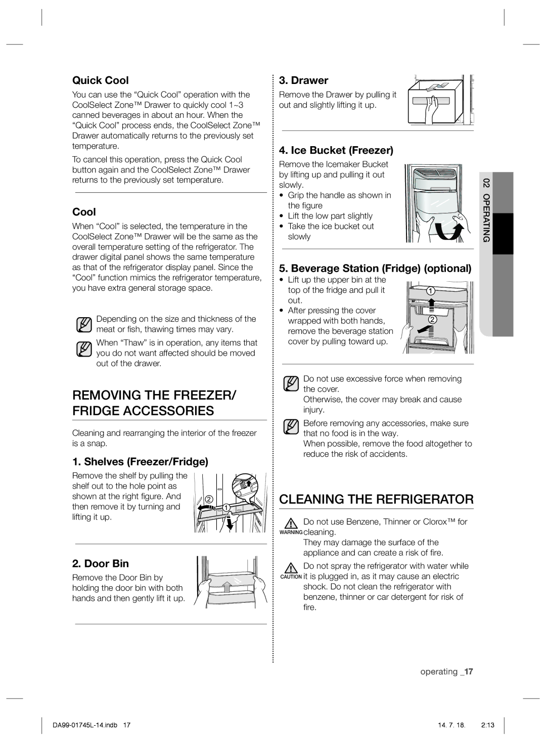 Samsung RSG5FUPN1/XSG, RSG5FUPS1/MTR, RSG5FUTS1/JUM Removing the FREEZER/ Fridge Accessories, Cleaning the Refrigerator 