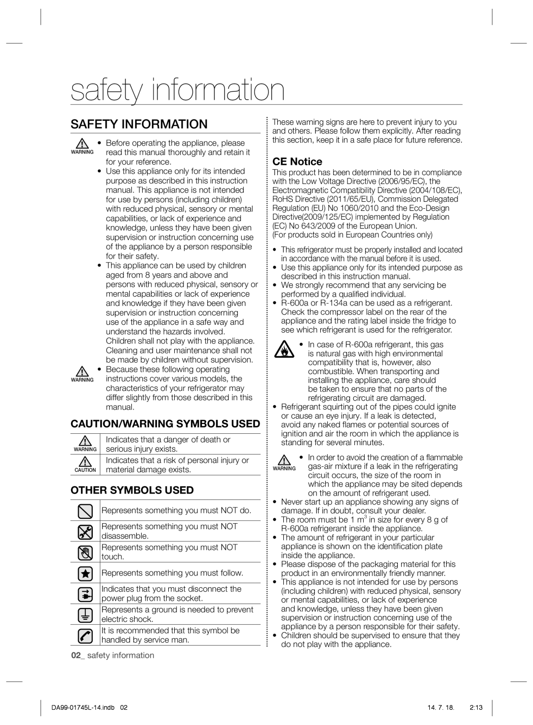 Samsung RSG5FUPS1/ZAM, RSG5FUPS1/MTR, RSG5FUTS1/JUM, RSG5FUPN1/XSG manual Safety information, Safety Information, CE Notice 