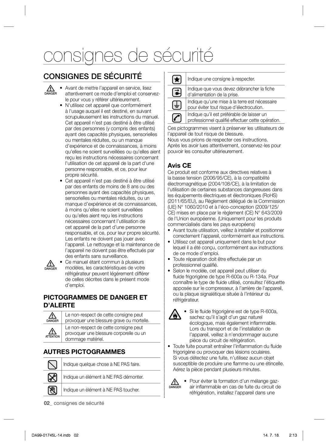 Samsung RSG5FUTS1/JUM, RSG5FUPS1/MTR, RSG5FUPS1/ZAM, RSG5FUPN1/XSG Consignes de sécurité, Consignes DE Sécurité, Avis CE 