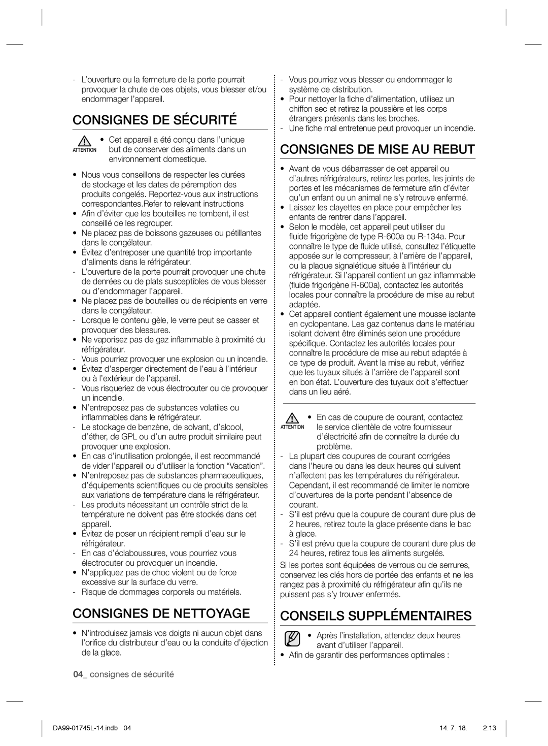 Samsung RSG5FUPN1/XSG manual Consignes DE Nettoyage, Consignes DE Mise AU Rebut, Conseils Supplémentaires, Réfrigérateur 