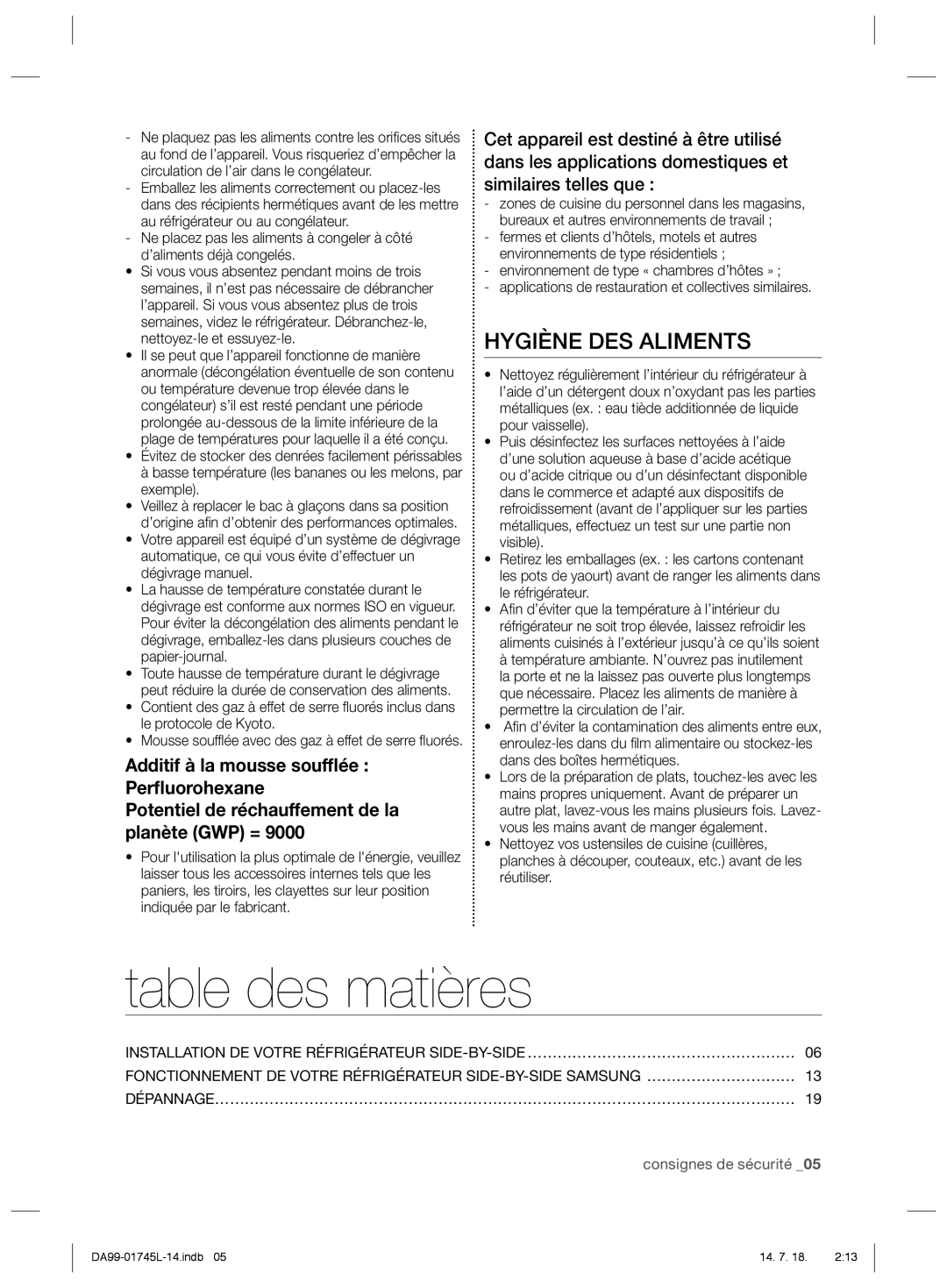 Samsung RSG5FUPS1/ATC manual Table des matières, Hygiène DES Aliments, Dépannage……………………………………………………………………………………………………… 