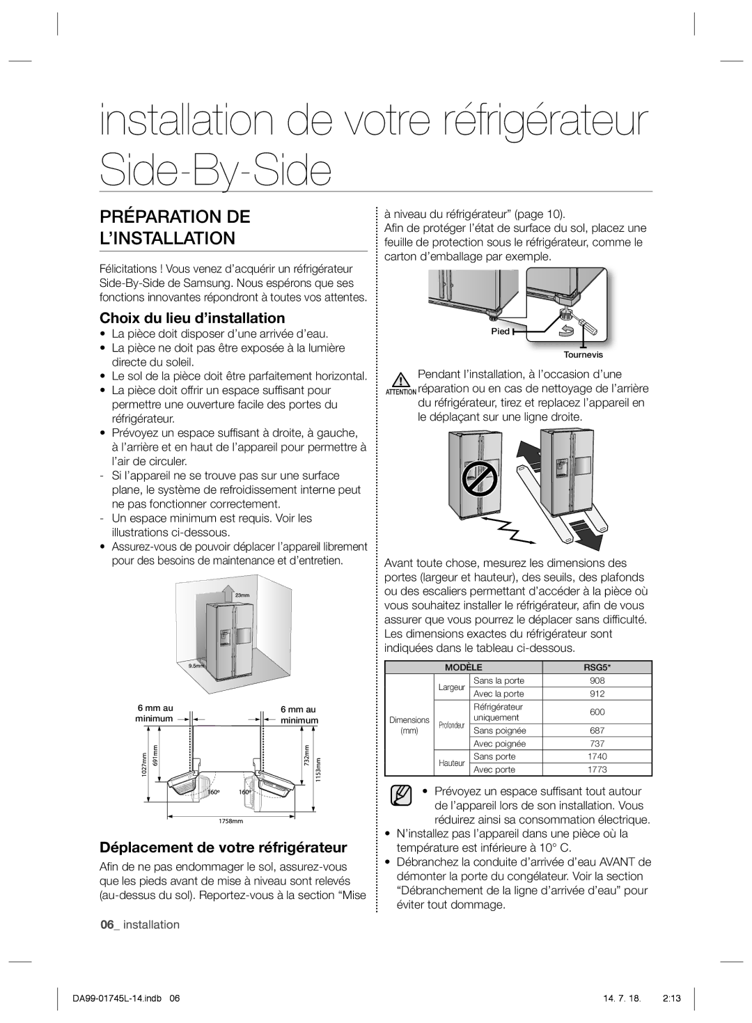 Samsung RSG5FUPS1/JUM, RSG5FUPS1/MTR manual Installation de votre réfrigérateur Side-By-Side, Préparation DE ’INSTALLATION 