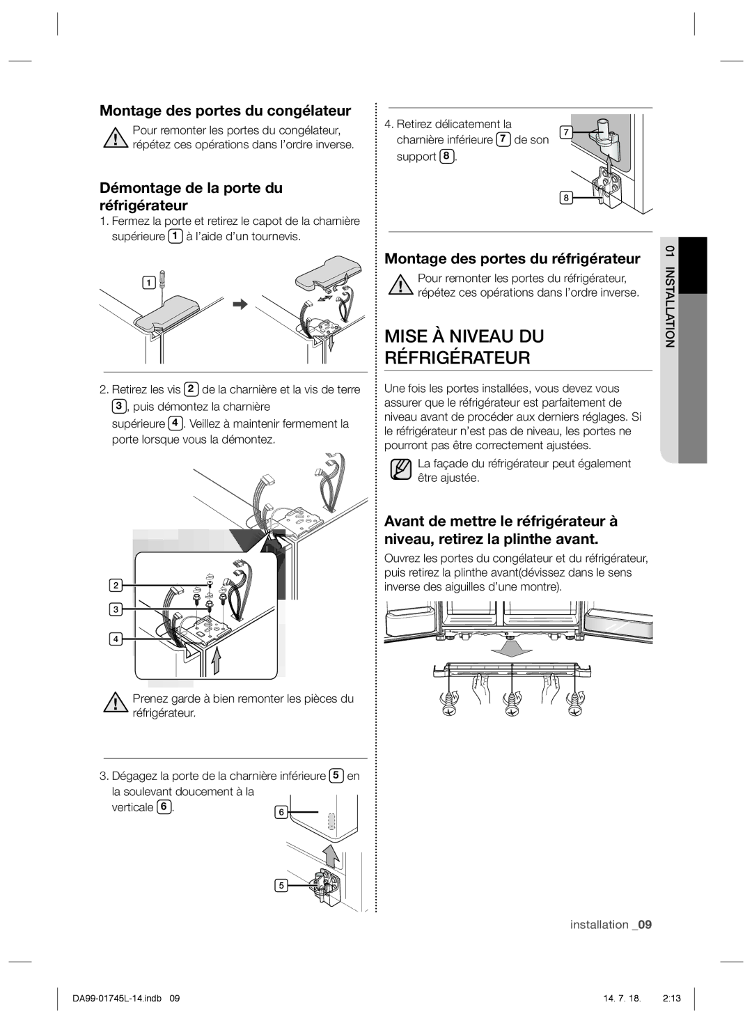 Samsung RSG5FUTS1/JUM, RSG5FUPS1/MTR, RSG5FUPS1/ZAM manual Mise À Niveau DU, Réfrigérateur, Montage des portes du congélateur 