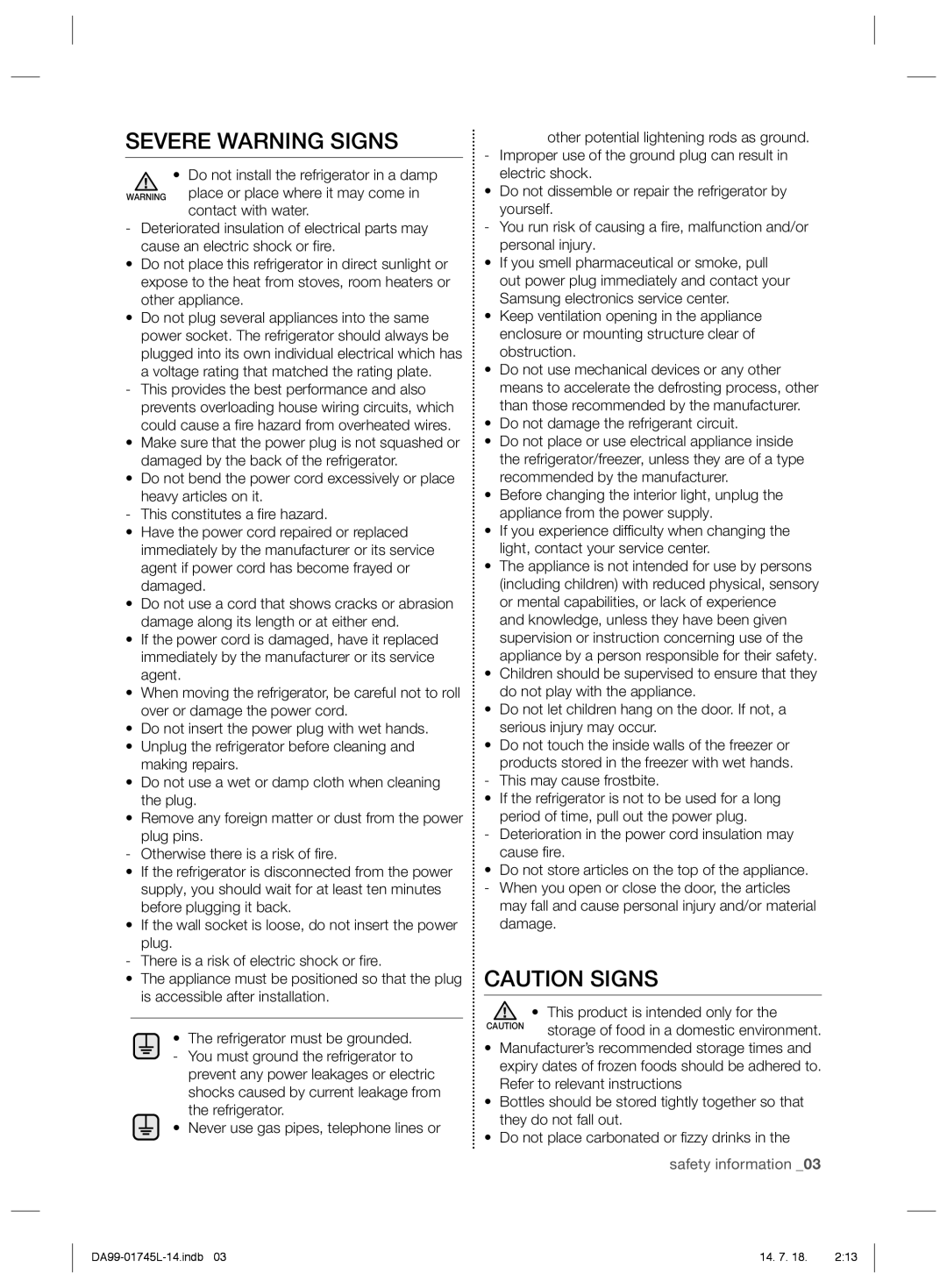 Samsung RSG5FUPN1/XSG, RSG5FUPS1/MTR, RSG5FUTS1/JUM, RSG5FUPS1/ZAM, RSG5FUPS1/ATC, RSG5FUPS1/JUM manual Severe Warning Signs 