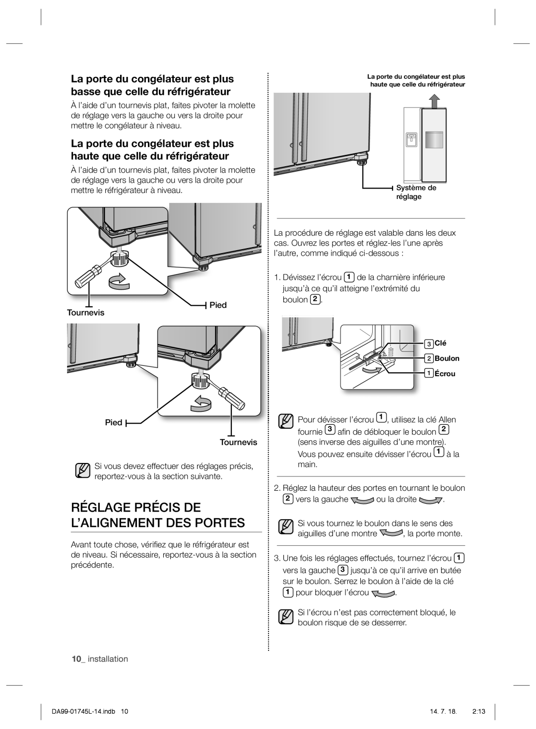 Samsung RSG5FUPS1/ZAM, RSG5FUPS1/MTR, RSG5FUTS1/JUM, RSG5FUPN1/XSG, RSG5FUPS1/ATC Réglage Précis DE L’ALIGNEMENT DES Portes 