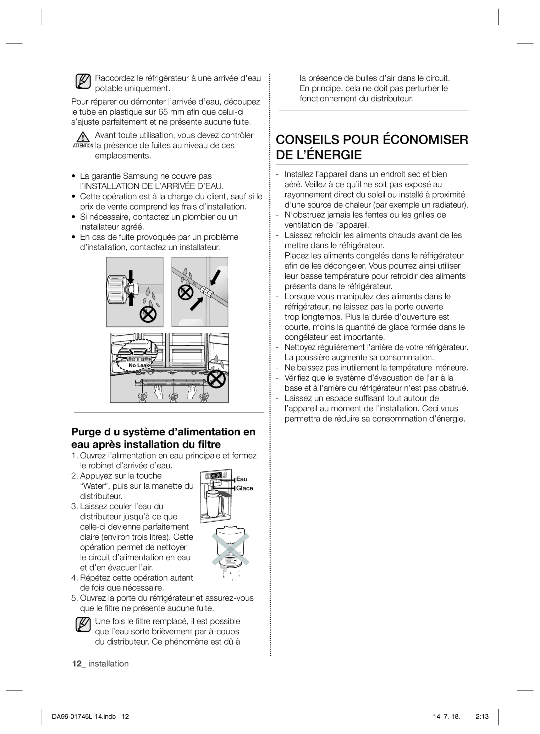 Samsung RSG5FUPS1/ATC, RSG5FUPS1/MTR Conseils Pour Économiser DE L’ÉNERGIE, Emplacements, Water, puis sur la manette du 