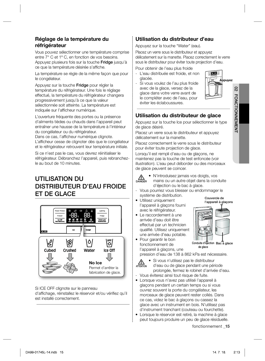 Samsung RSG5FUPS1/MTR Utilisation DU Distributeur D’EAU Froide ET DE Glace, Réglage de la température du réfrigérateur 