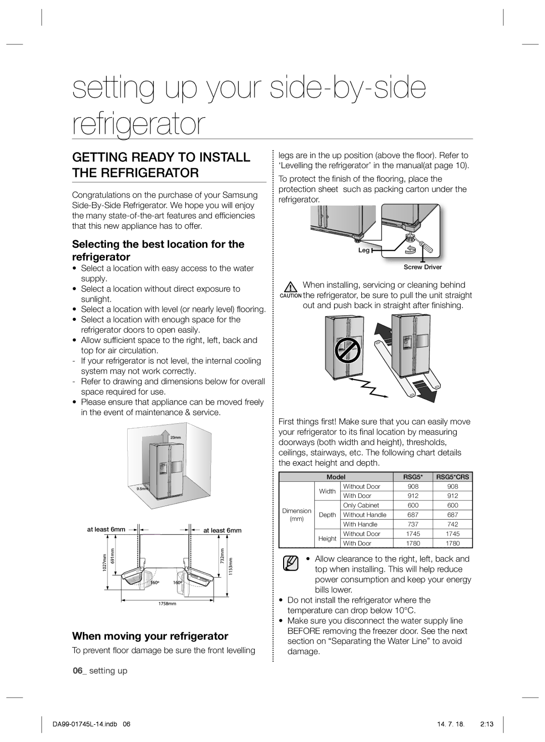 Samsung RSG5KURS1/MTR, RSG5FUPS1/MTR Setting up your side-by-side refrigerator, Getting Ready to Install the Refrigerator 