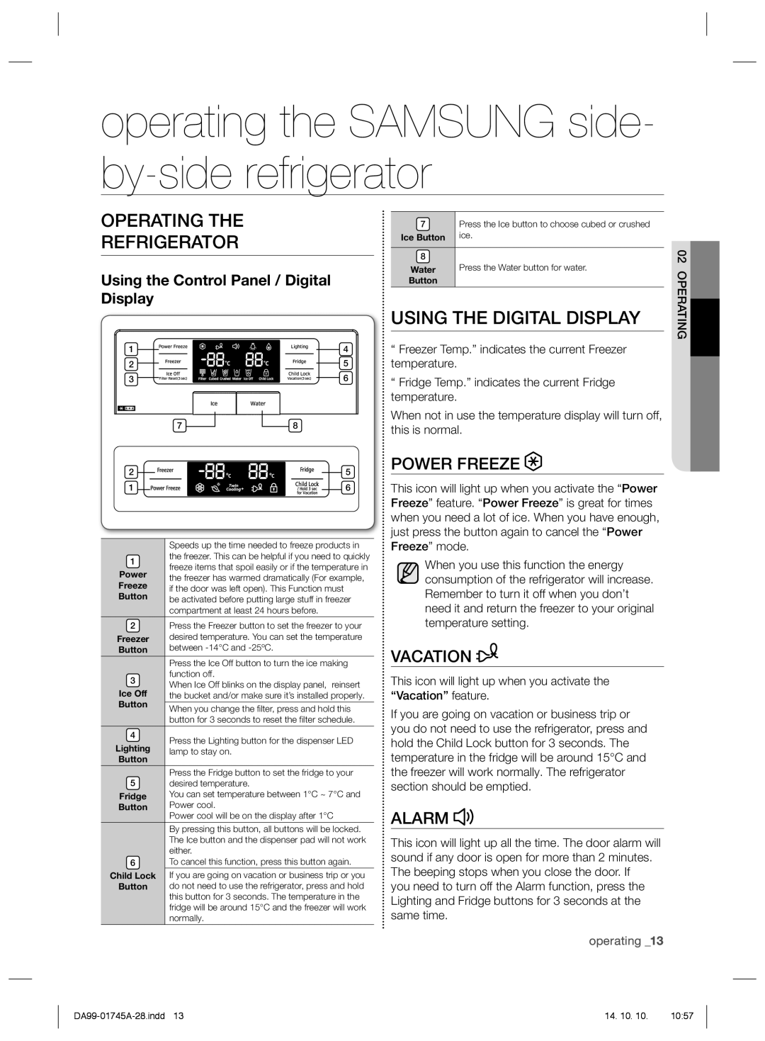 Samsung RSG5FURS1/SML Operating the Samsung side- by-side refrigerator, Operating Refrigerator, Using the Digital Display 