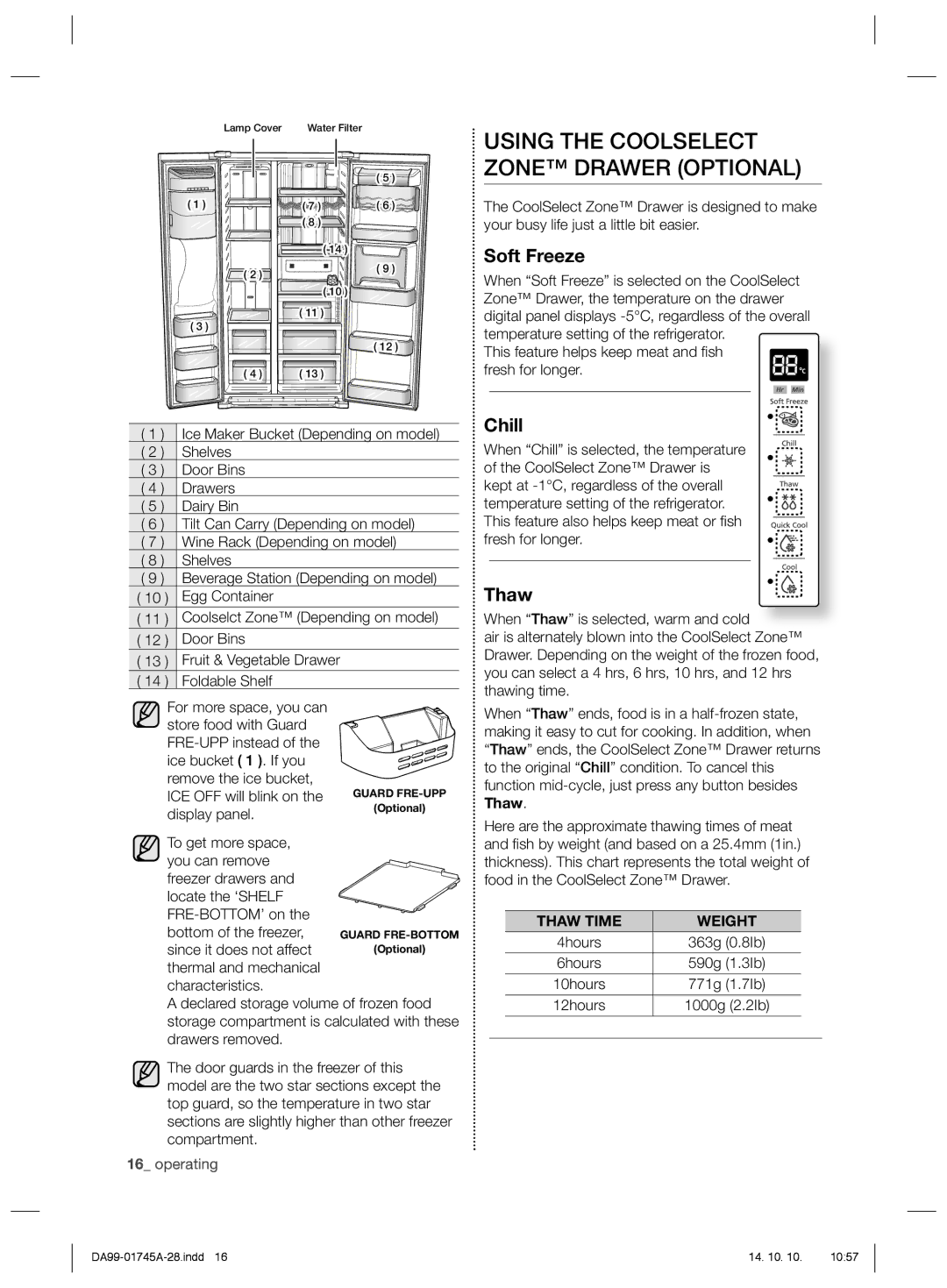 Samsung RSG5FURS1/SML, RSG5FUPS1/SML, RSG5FUTS1/SML Using the Coolselect Zone Drawer Optional, Soft Freeze, Chill, Thaw 