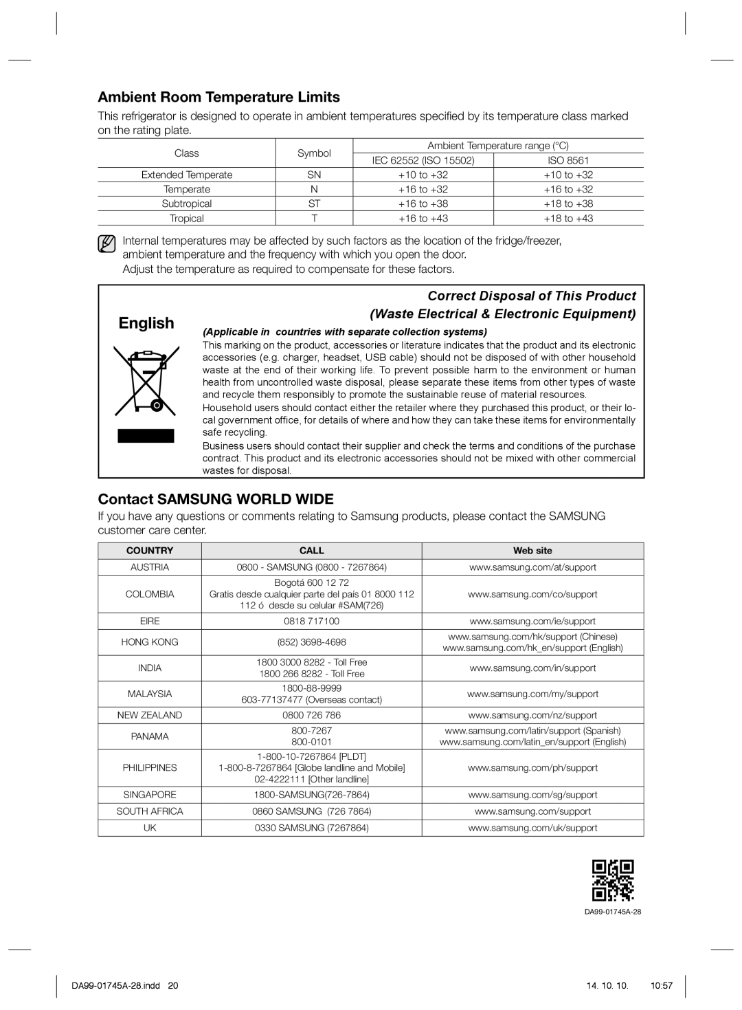 Samsung RSG5FUTS1/SML, RSG5FUPS1/SML, RSG5FURS1/SML manual Ambient Room Temperature Limits, Contact Samsung World Wide 