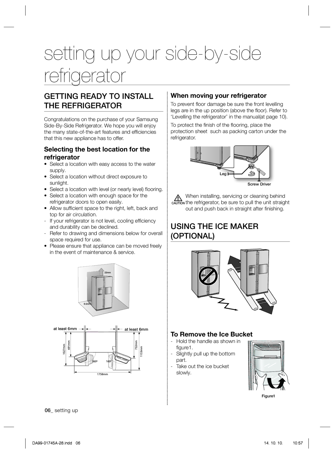 Samsung RSG5FUPS1/SML, RSG5FURS1/SML Setting up your side-by-side refrigerator, Getting Ready to Install the Refrigerator 