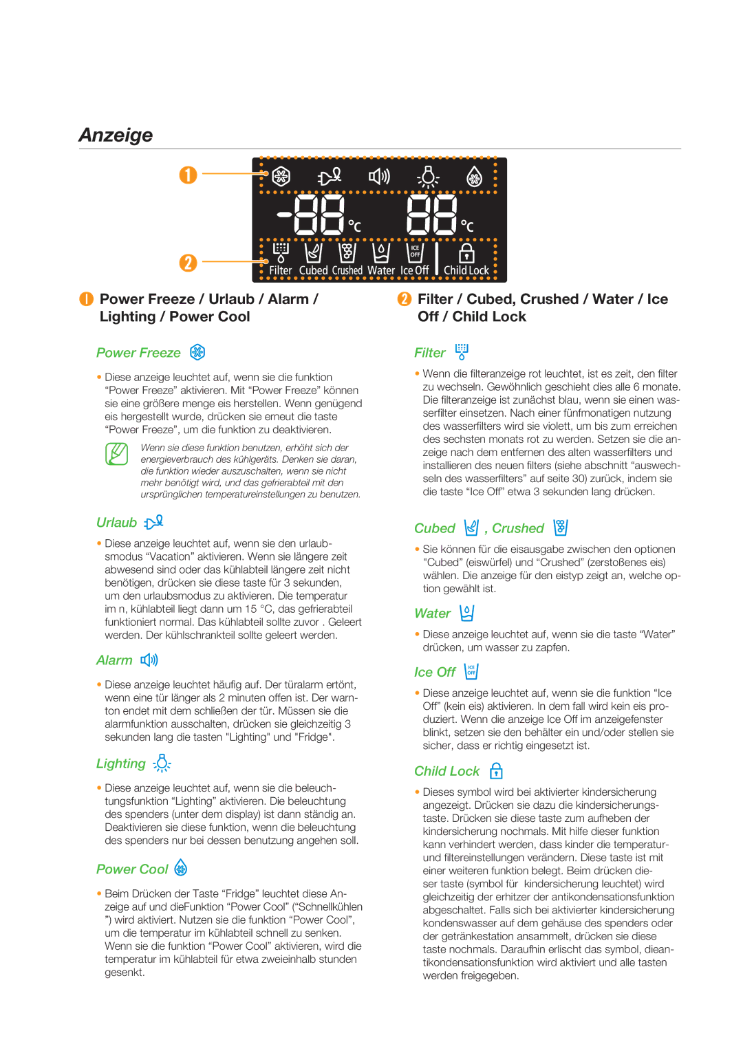 Samsung RSG5FUPS1/XEG, RSG5FURS1/ANU, RSG5PURS1/EUR manual Anzeige, ❶ Power Freeze / Urlaub / Alarm / Lighting / Power Cool 