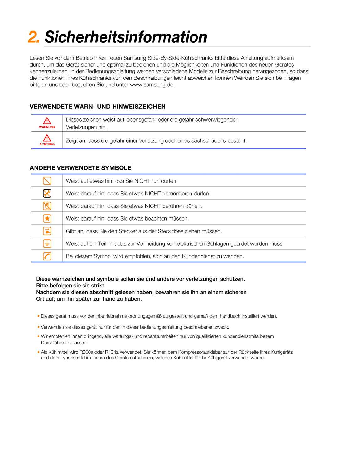 Samsung RSG5PUPN2/XEF, RSG5FURS1/ANU, RSG5FUPS1/XEG manual Sicherheitsinformation, Verwendete WARN- UND Hinweiszeichen 