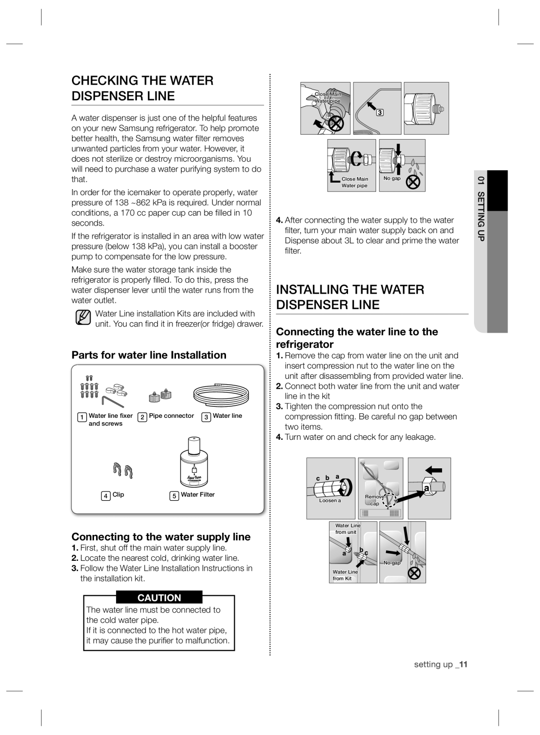 Samsung RSG5PURS1/XEF, RSG5FURS1/ANU, RSG5PURS1/EUR Checking the Water Dispenser Line, Installing the Water Dispenser Line 