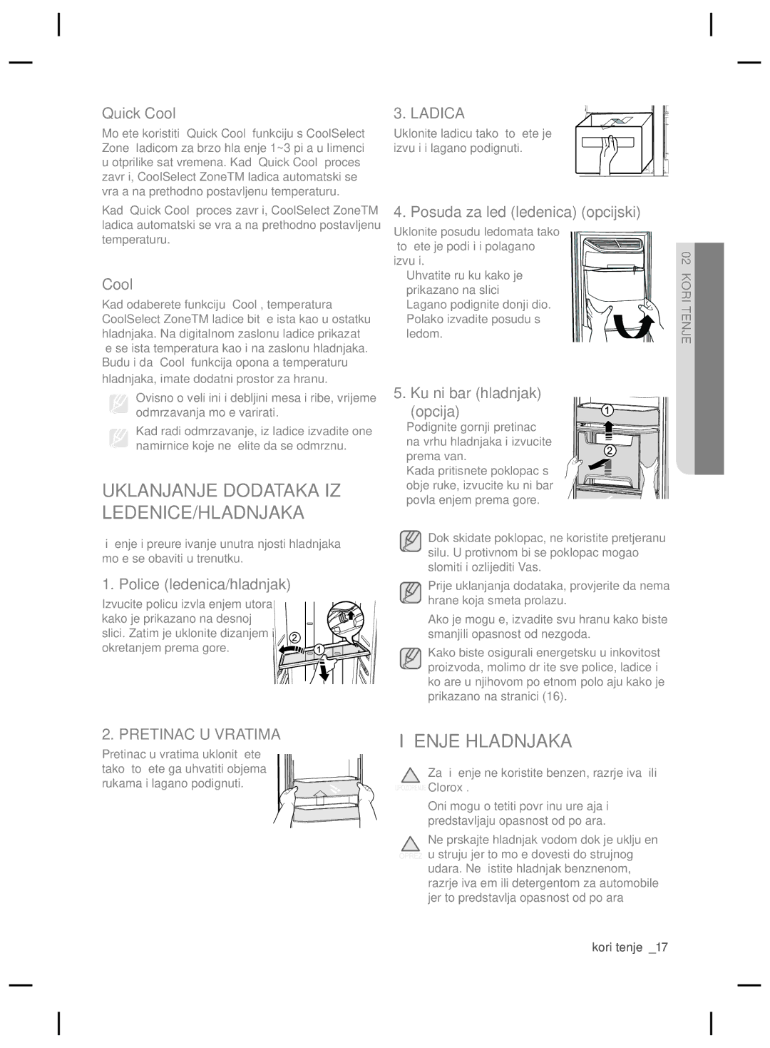 Samsung RSG5FURS1/ANU manual Uklanjanje Dodataka IZ LEDENICE/HLADNJAKA, Čišćenje Hladnjaka, Pretinac U Vratima, Ladica 