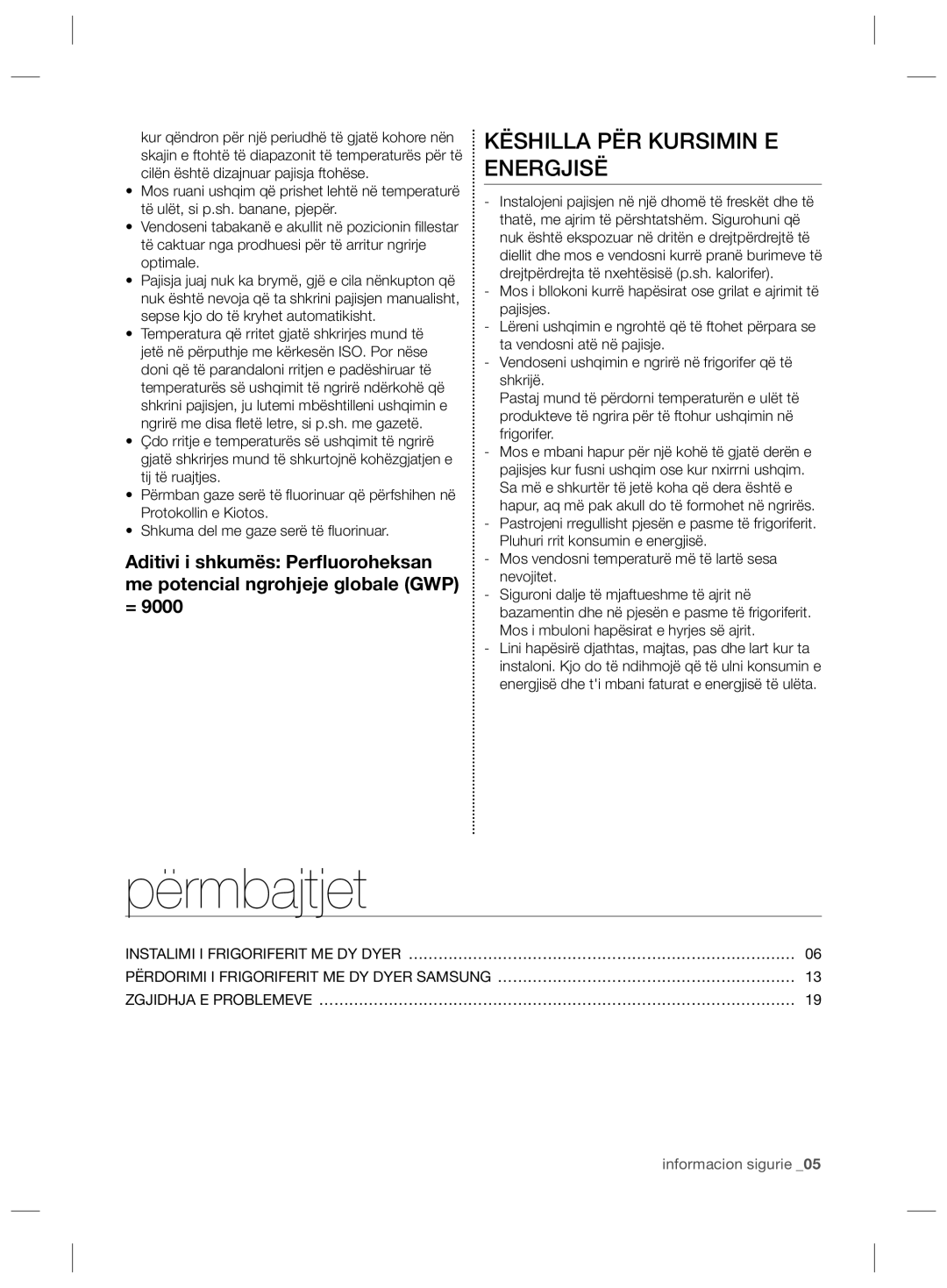 Samsung RSG5FURS1/SML, RSG5FURS1/ANU, RSG5PURS1/EUR, RSG5PURS1/XEF manual Përmbajtjet, Këshilla PËR Kursimin E Energjisë 