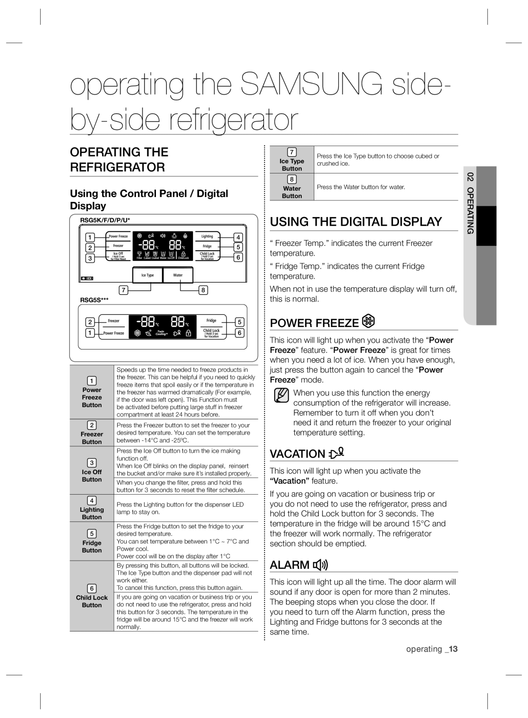 Samsung RSG5FUBP1/EUR Operating the Samsung side- by-side refrigerator, Operating Refrigerator, Using the Digital Display 