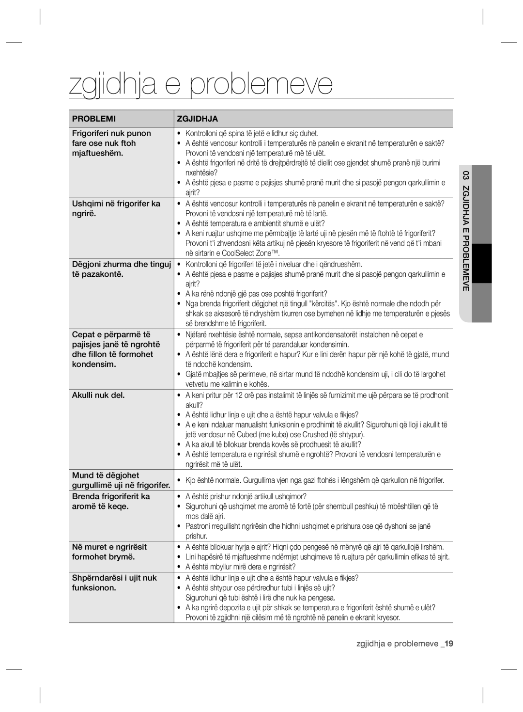 Samsung RSG5FUBP1/EUR, RSG5FURS1/ANU, RSG5PURS1/EUR, RSG5PURS1/XEF manual Zgjidhja e problemeve, Zgjidhja E Problemeve 