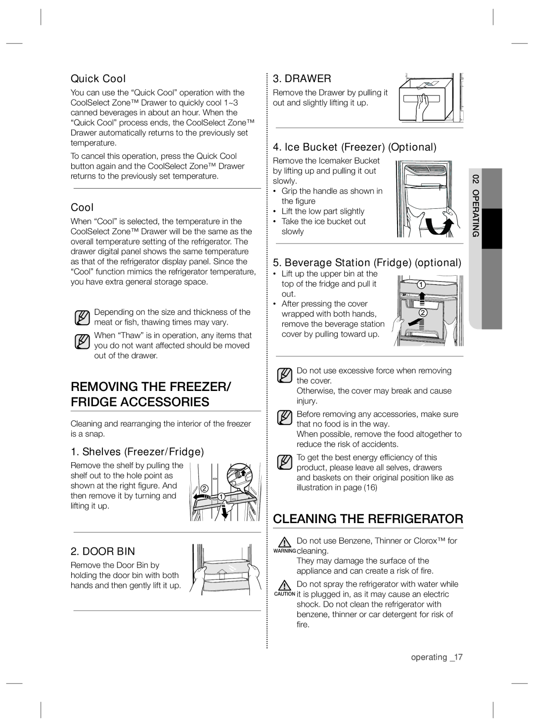 Samsung RSG5FURS1/SML, RSG5FURS1/ANU Removing the FREEZER/ Fridge Accessories, Cleaning the Refrigerator, Door BIN, Drawer 