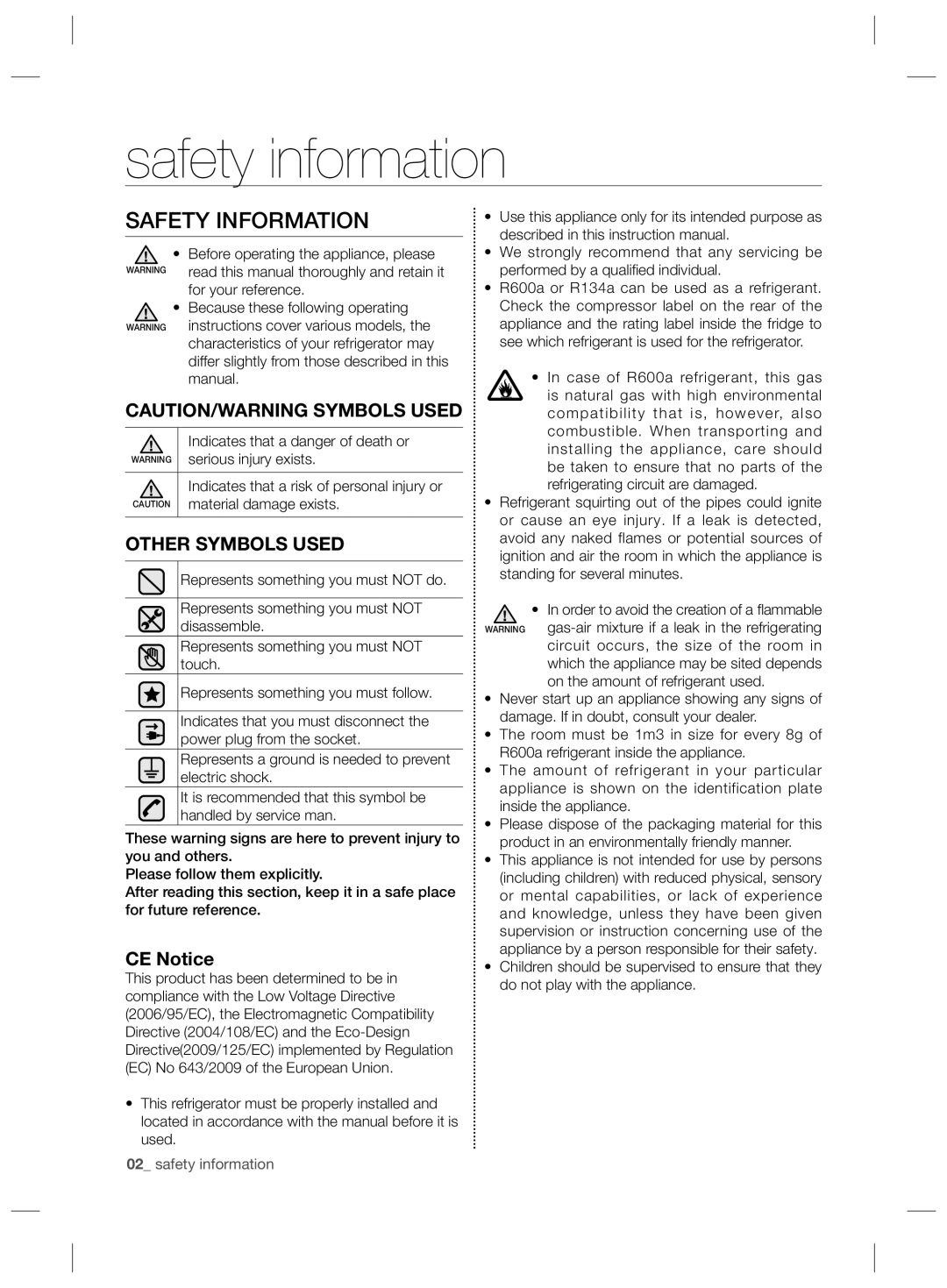 Samsung RSG5PURS1/XEF, RSG5FURS1/ANU, RSG5PURS1/EUR Safety information, Safety Information, Other Symbols Used, CE Notice 