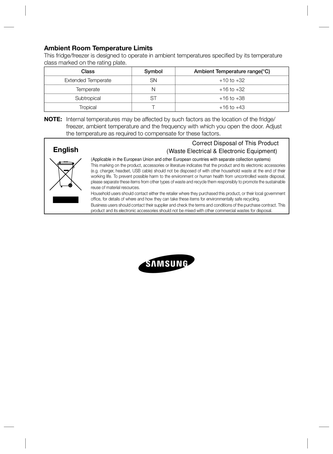 Samsung RSG5PURS1/XEF, RSG5FURS1/ANU Ambient Room Temperature Limits, English, Class Symbol Ambient Temperature rangeC 