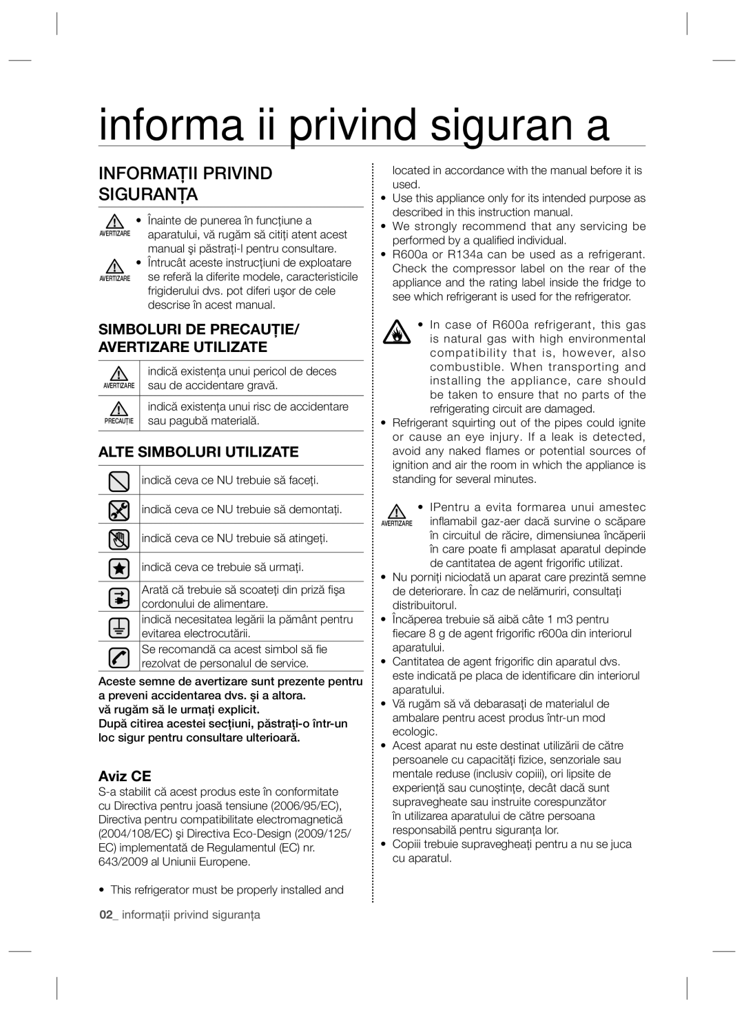 Samsung RSG5FUBP1/EUR manual Informaţii privind siguranţa, Informaţii Privind Siguranţa, Alte Simboluri Utilizate, Aviz CE 