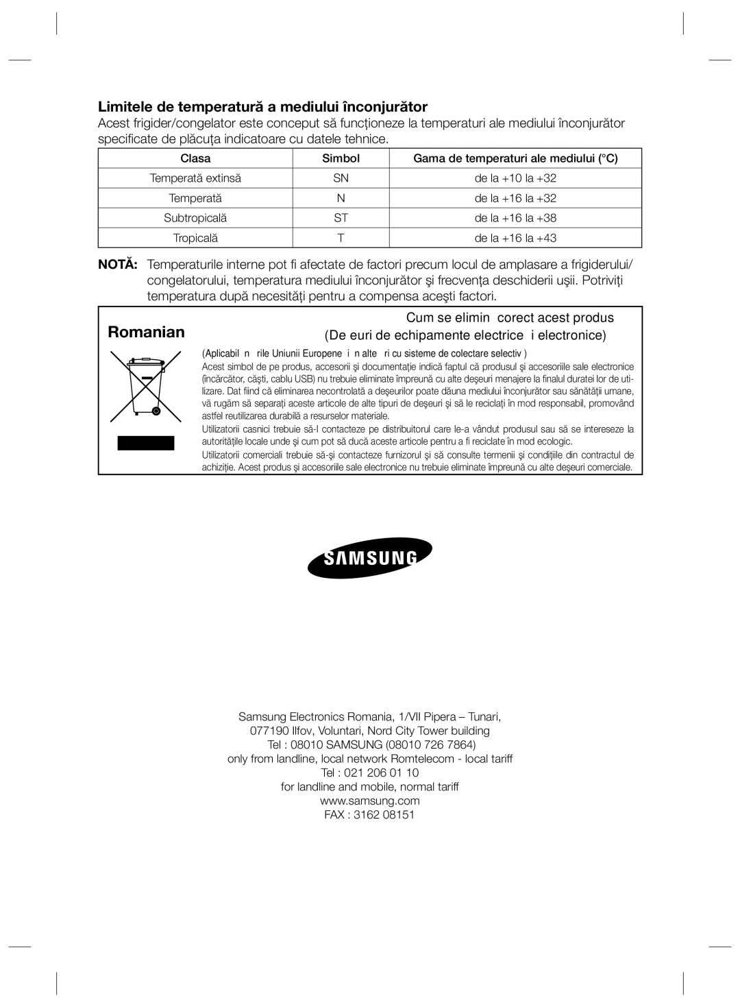 Samsung RSG5FUBP1/EUR Limitele de temperatură a mediului înconjurător, Clasa Simbol Gama de temperaturi ale mediului C 