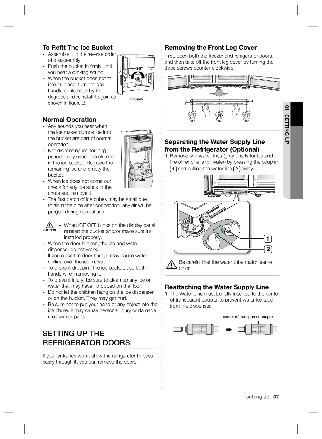 Samsung RSG5FURS1/XEO, RSG5FURS1/ANU, RSG5PURS1/EUR, RSG5PURS1/XEF, RSG5FURS1/EUR manual Setting UP the Refrigerator Doors 