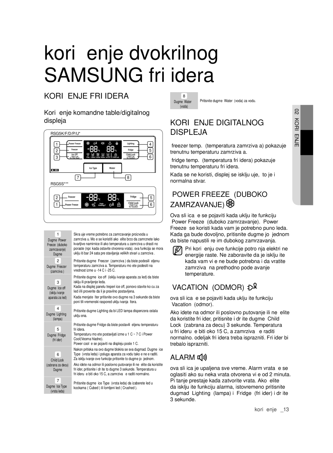 Samsung RSG5PURS1/EUR, RSG5FURS1/ANU Korišćenje Frižidera, Korišćenje Digitalnog Displeja, Power Freeze Duboko Zamrzavanje 