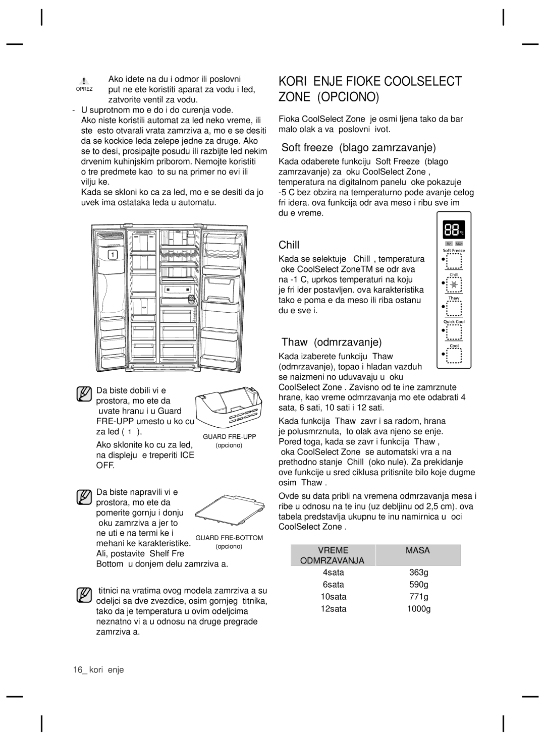 Samsung RSG5FUBP1/EUR manual Korišćenje Fioke Coolselect Zone Opciono, Soft freeze blago zamrzavanje, Thaw odmrzavanje 