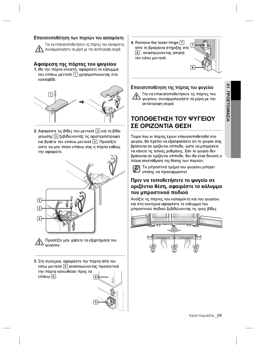 Samsung RSG5FURS1/SML manual Αφαίρεση της πόρτας του ψυγείου, Tο μπροστινό τμήμα του ψυγείου μπορεί επίσης να προσαρμοστεί 