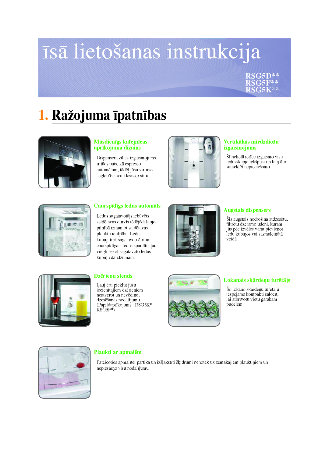 Samsung RSG5FUMH1/BWT, RSG5FURS1/BWT manual Īsā lietošanas instrukcija, Ražojuma īpatnības 