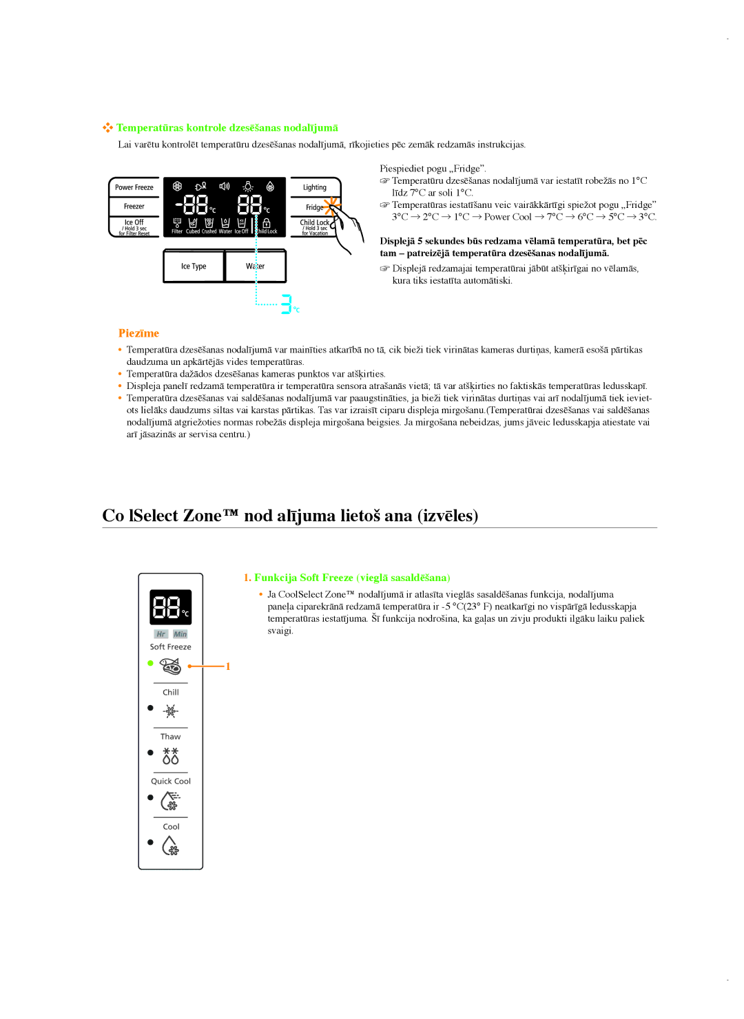 Samsung RSG5FURS1/BWT manual Co lSelect Zone nod alījuma lietoš ana izvēles, Temperatūras kontrole dzesēšanas nodalījumā 