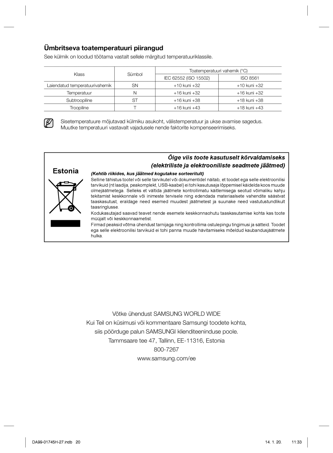 Samsung RSG5FURS1/BWT, RSG5FUMH1/BWT manual Ümbritseva toatemperatuuri piirangud, Klass Sümbol Toatemperatuuri vahemik C 